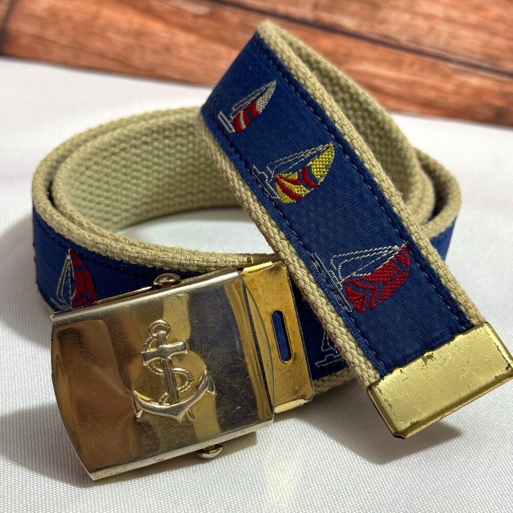 VINTAGE Nautical Sailboat Belt Blue Cotton Made in USA 37' long